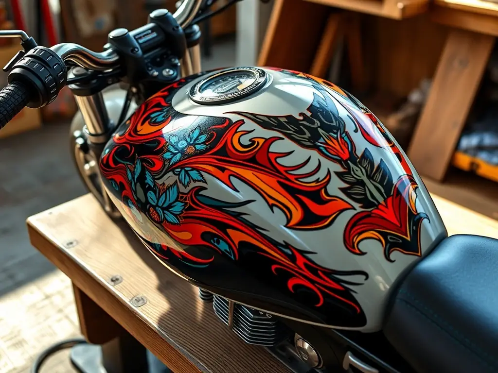 A detailed image of a motorcycle fuel tank with a custom-designed sticker kit featuring intricate graphics and vibrant colors, highlighting the precision and quality of the sticker application.