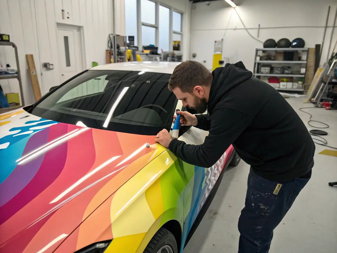 A detailed image of a Wrapgod technician meticulously applying a vinyl wrap to a car panel, using specialized tools to ensure a smooth, bubble-free finish.