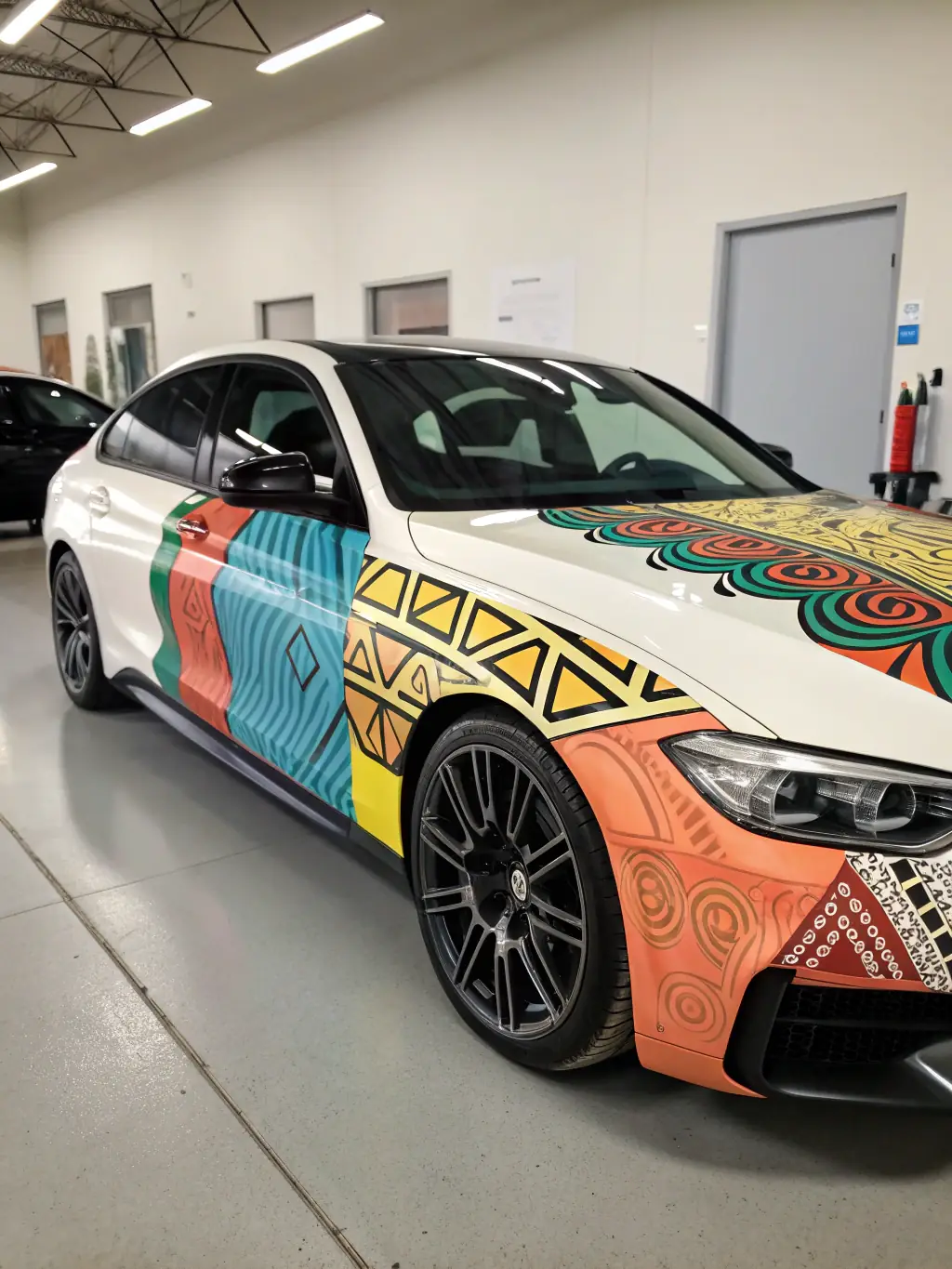 A car with a custom-designed wrap featuring a complex graphic pattern, showcasing the creative possibilities available at Wrapgod.